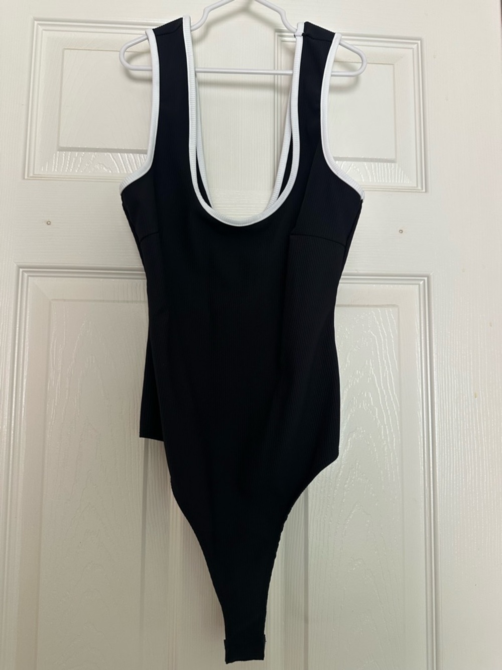 Le Lis Black Ribbed Scoop Neck Bodysuit with White Trim